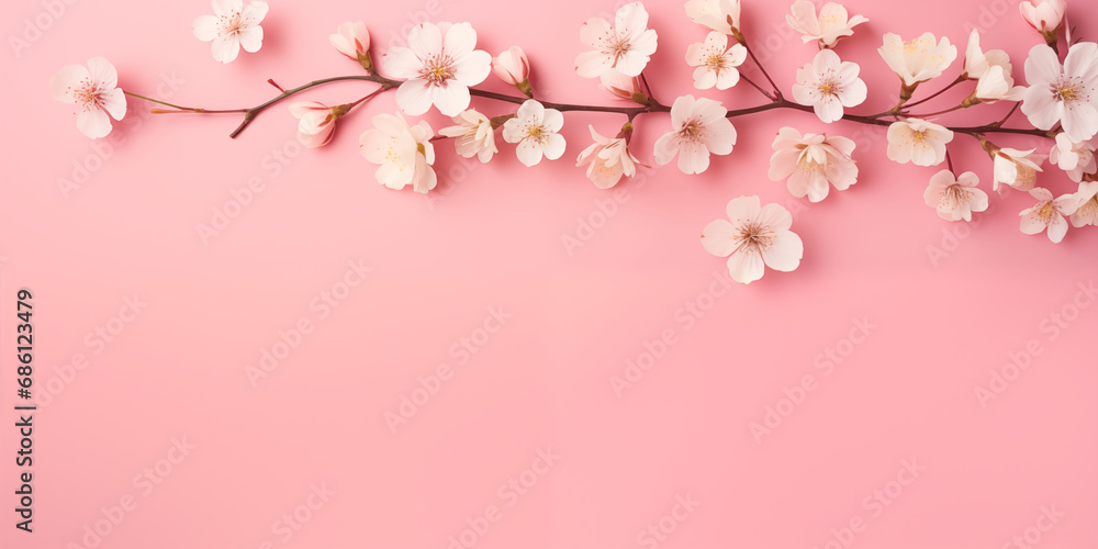 Obraz premium Beautiful white flowers on pink background. Banner with place for text.