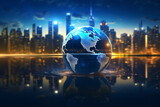 Planet Earth on Water Floor with Blurred City Lights Background at Night