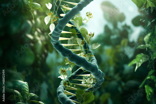 DNA Helix Surrounded by Lush Green Plants photo