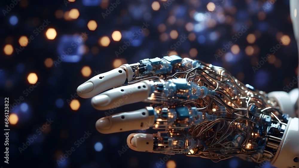 Hand of robot touching on big data network connection background ...