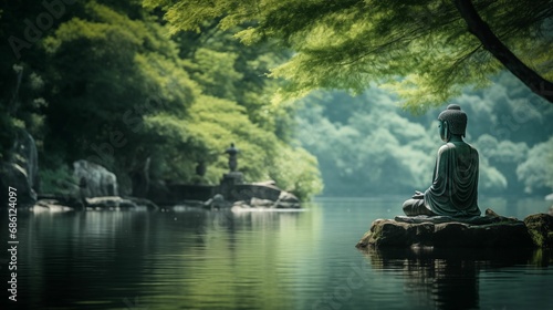 The Buddha statue is thoughtfully placed on the tranquil shore of the lake.