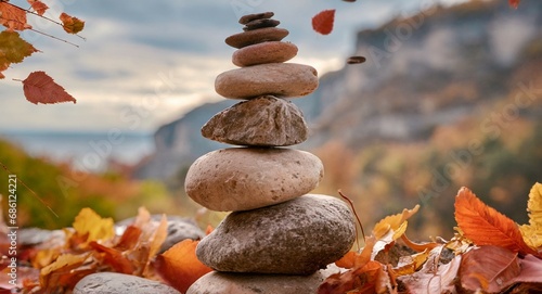 Stone tower in autumn, stones Balance, Natural stones under the autumn leafs