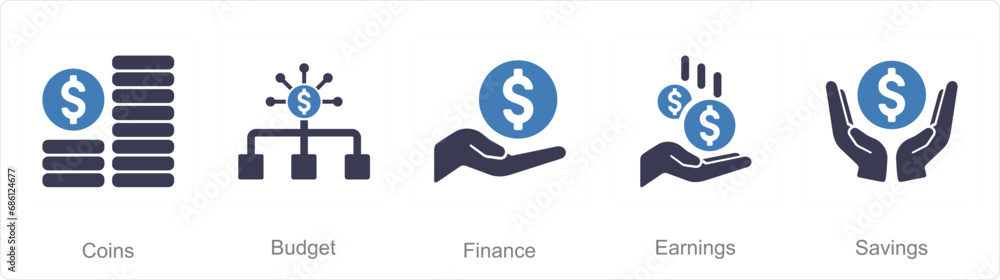 A set of 5 Finance icons as coins, budget, finance A set of 5 Finance icons as coins, budget, finance