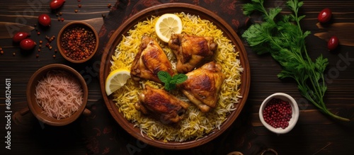Top view of chicken mandi, a national dish from Saudi Arabia, with rice kabsa.