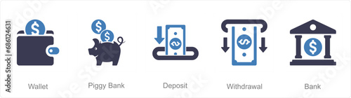 A set of 5 Finance icons as wallet, piggy bank, deposit