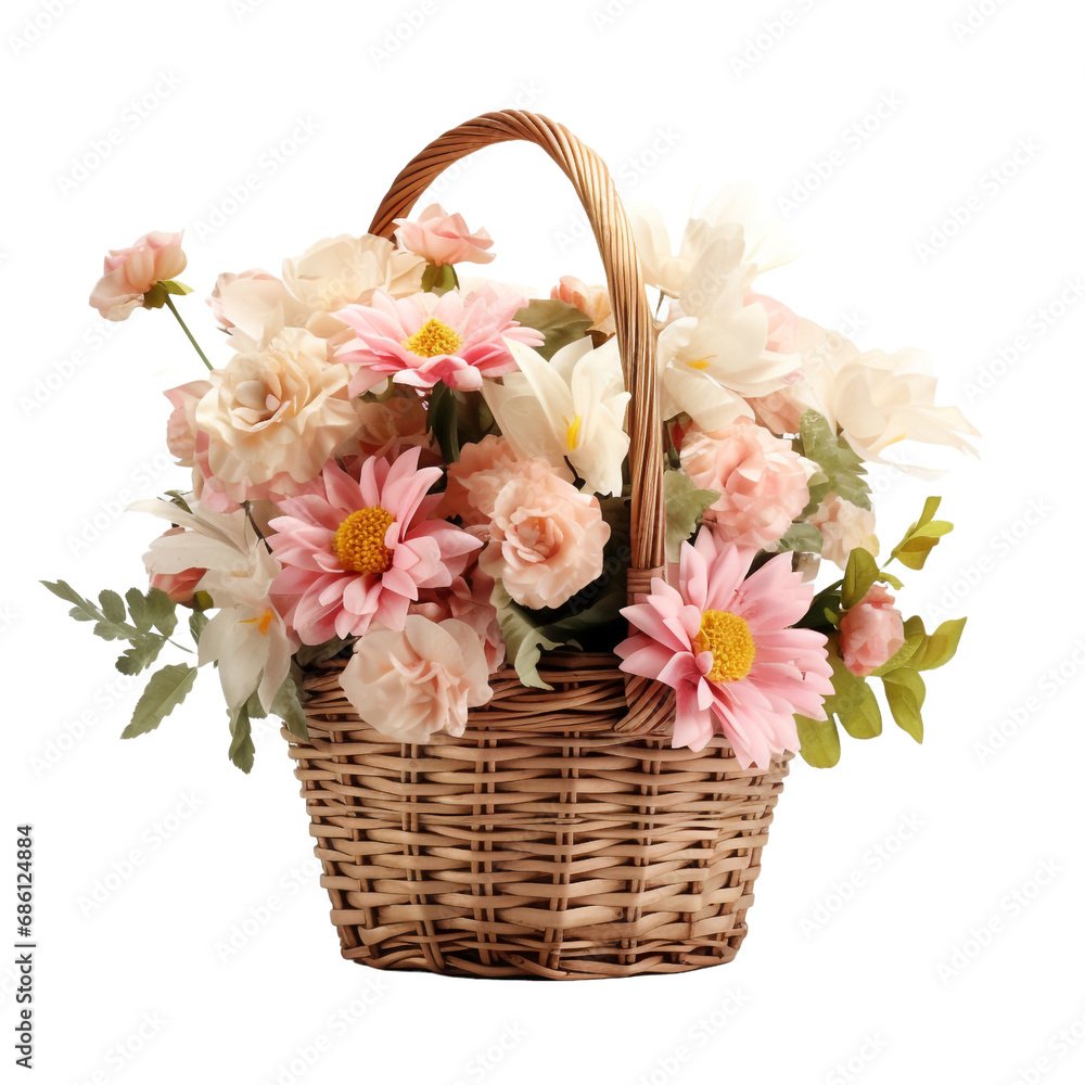 Obraz premium Fresh attractive flowers in wicker basket isolated on transparent background