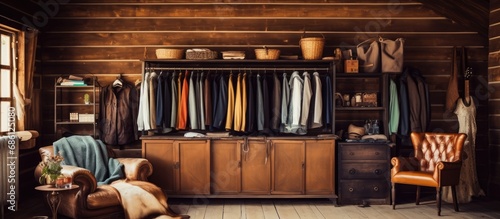 Stylish man's vintage clothing in a wooden house. photo