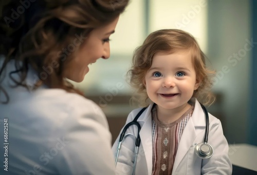 portrait of a smiling baby girl at physician appointment wearing stethoscope. Medicine and healthcare concept