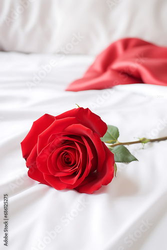 Red rose on white bed sheet as symbol of love and romance on valentine s day and wedding