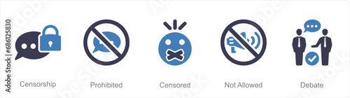 A set of 5 Freedom of Speech icons as censorship, prohibited, censored