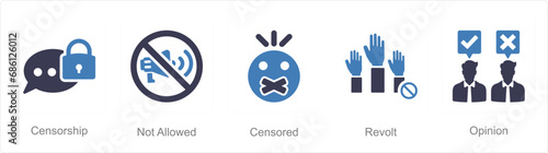 A set of 5 Freedom of Speech icons as censorship, not allowed, censored