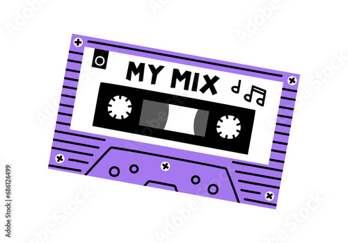 Hand drawn cute cartoon illustration of retro music cassette. Flat vector old audio tape sticker in simple colored doodle style. Sound record device icon or print. My mix lettering. Isolated.