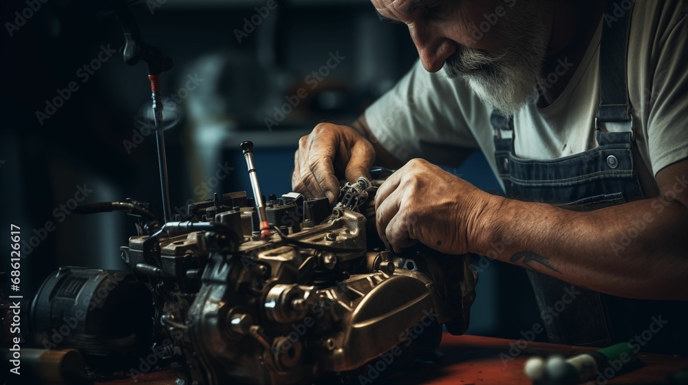 Obraz premium Image of the hands of a mechanic repairs the engine details.