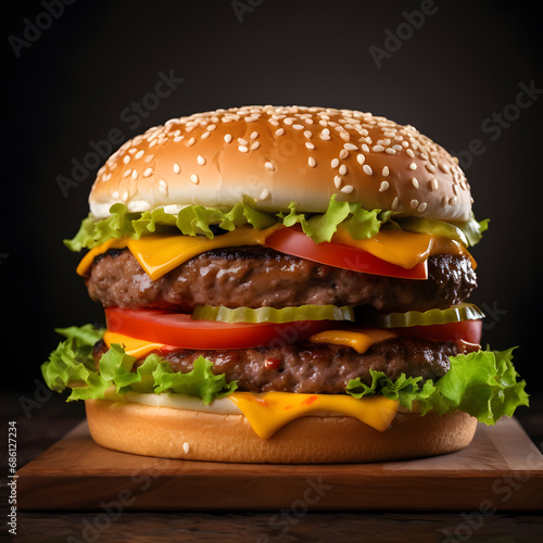 Non-veg Cheese burger on a wooden table. Closeup shot of a big non-veg burger.