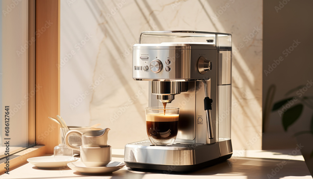 Espresso machine in a kitchen setting with a white cup generative ai Espresso machine in a kitchen setting with a white cup generative ai