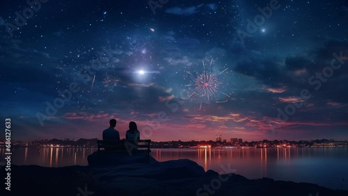 Couple romantic celebrate happy new year with firework animation look a beautiful view background. seamless looping 4k video. generated with AI photo