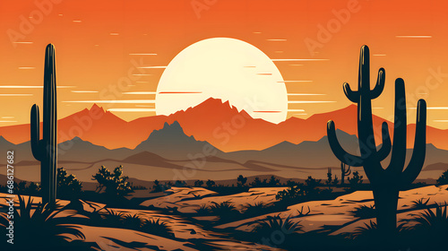 Sunset in Arizona Desert with Cacti Silhouette Vector Illustration photo