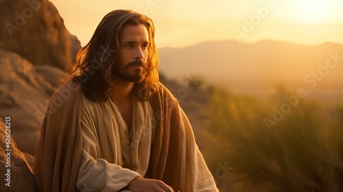 Image of Jesus Christ against the backdrop of the setting sun.