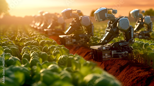 Cute little robot working in an agricultural field, picking fruits and vegetables plant product, farmers humanoid planting and caring for green plants. Mechanical gardener farming. Future Technology