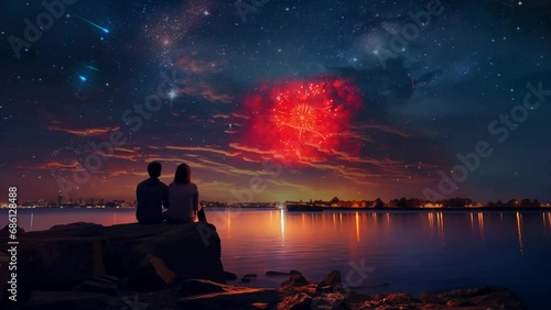 Couple romantic celebrate happy new year with firework animation falling in love look a beautiful view background. seamless looping 4k video. generated with AI