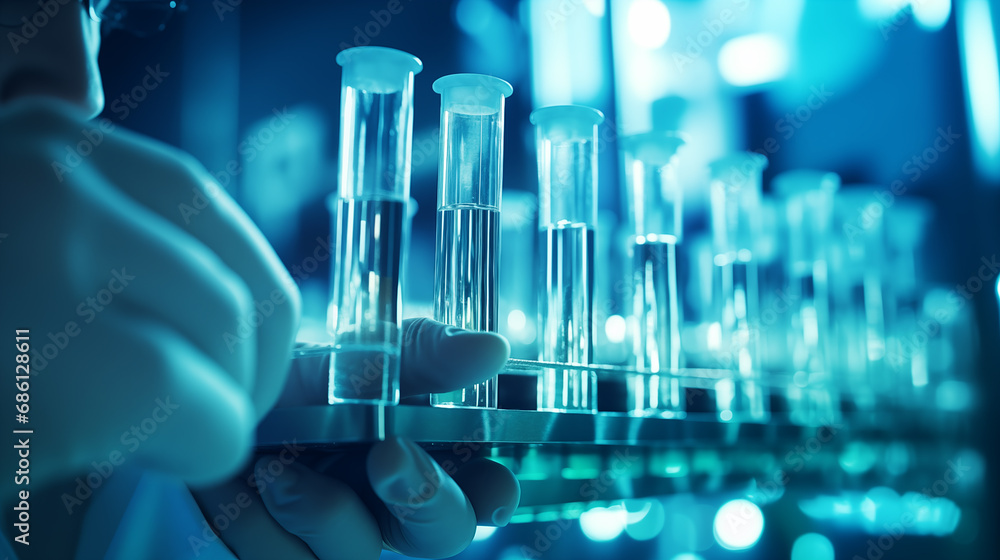 Close-up on scientist hands with gloves holding test tubes in a laboratory Close-up on scientist hands with gloves holding test tubes in a laboratory