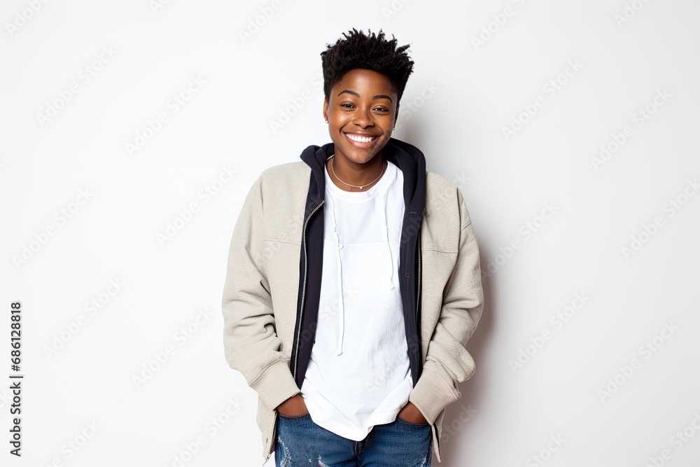 Cheerful and stylish young African American woman, exuding happiness and confidence in a studio portrait. Cheerful and stylish young African American woman, exuding happiness and confidence in a studio portrait.