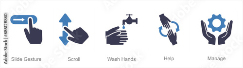 A set of 5 Hands icons as slide gestures, scroll, wash hands