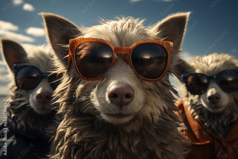  a close up of a dog wearing sunglasses with another dog wearing a jacket and jacket in the background and clouds in the sky.