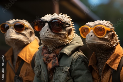  a group of three lizards wearing sunglasses and backpacks, all wearing jackets and jackets, all looking in different directions.