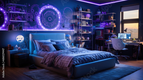 Children’s room for teens, futuristic design with neon light. Modern home interior in blue and purple colors. Concept of bedroom, cozy contemporary apartment, teenager photo