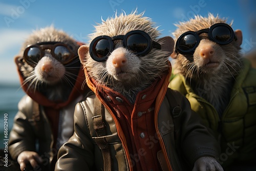 three ferrets wearing goggles and jackets in front of a body of water with a blue sky in the background.