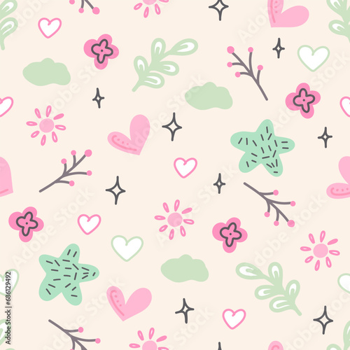 Vector seamless floral colorful pattern on a white background for kids, nursery design
