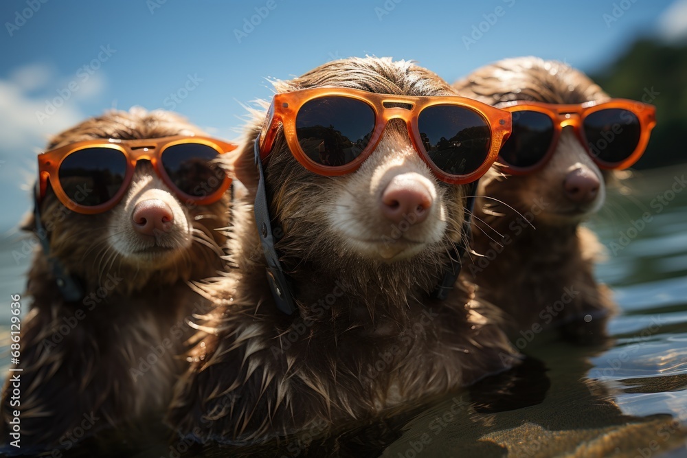  a group of wet dogs wearing sunglasses in a body of water with a blue sky in the backround.