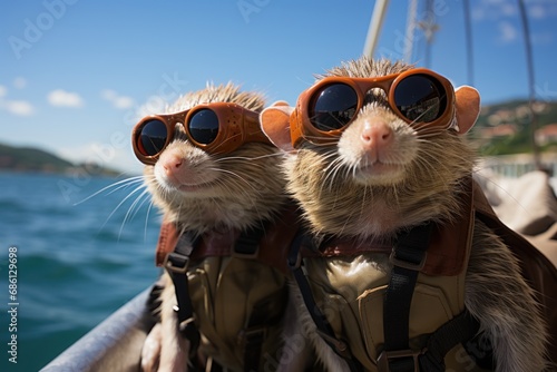 two ferrets wearing goggles and backpacks on a boat in the middle of a body of water. photo
