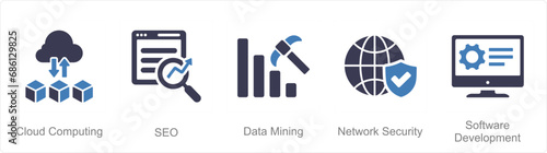 A set of 5 Hard Skills icons as cloud computing, seo, data mining