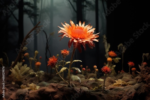  a close up of a flower in the middle of a field with trees in the background and fog in the air.