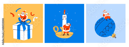 Little Santa Claus sitting on a big Christmas toy, standing on a gift box and candle. Hand drawn modern Vector illustration. Isolated design elements. Party decoration, new year celebration concept