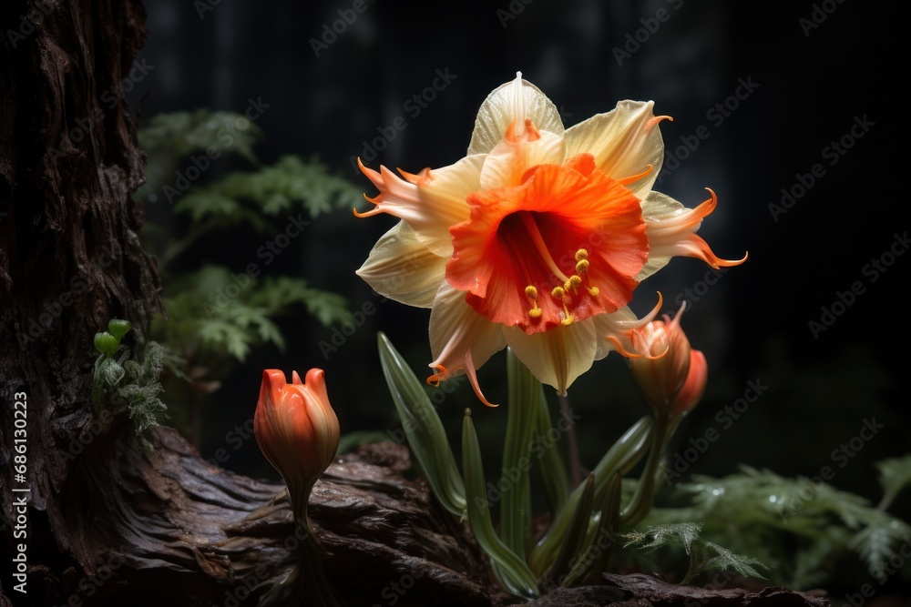 a close up of a flower with a tree in the back ground and a tree trunk in the foreground. a close up of a flower with a tree in the back ground and a tree trunk in the foreground.