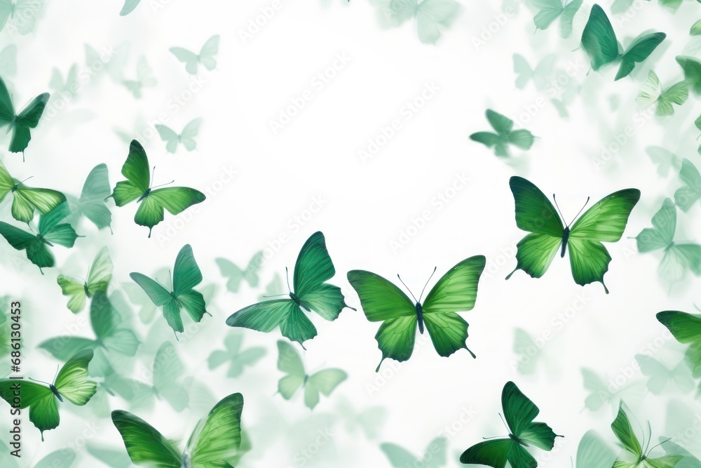  a group of green butterflies flying in the air over a white background with a place for the text on the left side of the image.
