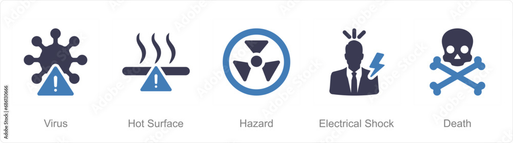 A set of 5 Hazard Danger icons as virus, hot surface, hazard A set of 5 Hazard Danger icons as virus, hot surface, hazard