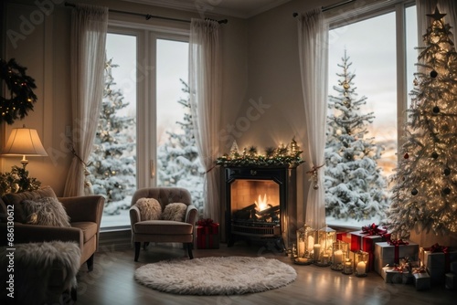 room with fireplace decorated in christmas style