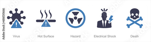 A set of 5 Hazard Danger icons as virus, hot surface, hazard
