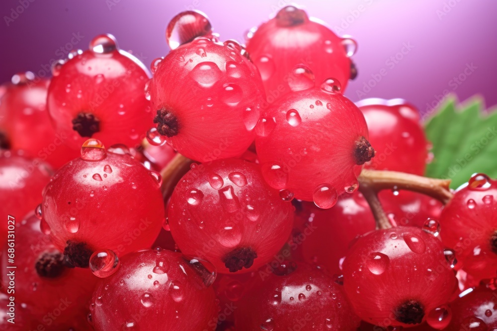 a close up of a bunch of red berries with water droplets on them and a green leaf on a purple background. a close up of a bunch of red berries with water droplets on them and a green leaf on a purple background.