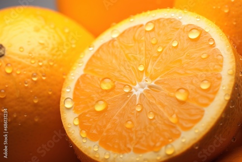  a close up of an orange with water droplets on it s skin and a whole orange in the background.