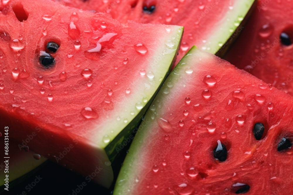 a close up of a watermelon slice with drops of water on the top and bottom of the slice. a close up of a watermelon slice with drops of water on the top and bottom of the slice.