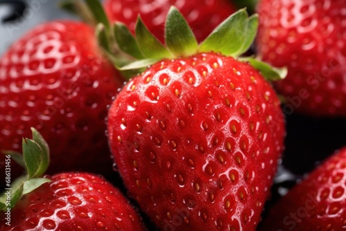  a close up of a bunch of strawberries with green leaves on top of the top of the strawberries.
