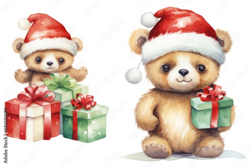  a brown teddy bear wearing a santa hat next to a green box with a red ribbon and a green box with a red bow.