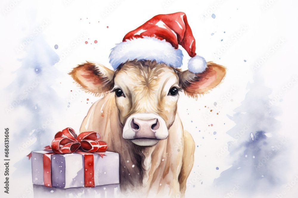 a watercolor painting of a cow wearing a santa hat with a gift wrapped in a red and white ribbon. a watercolor painting of a cow wearing a santa hat with a gift wrapped in a red and white ribbon.