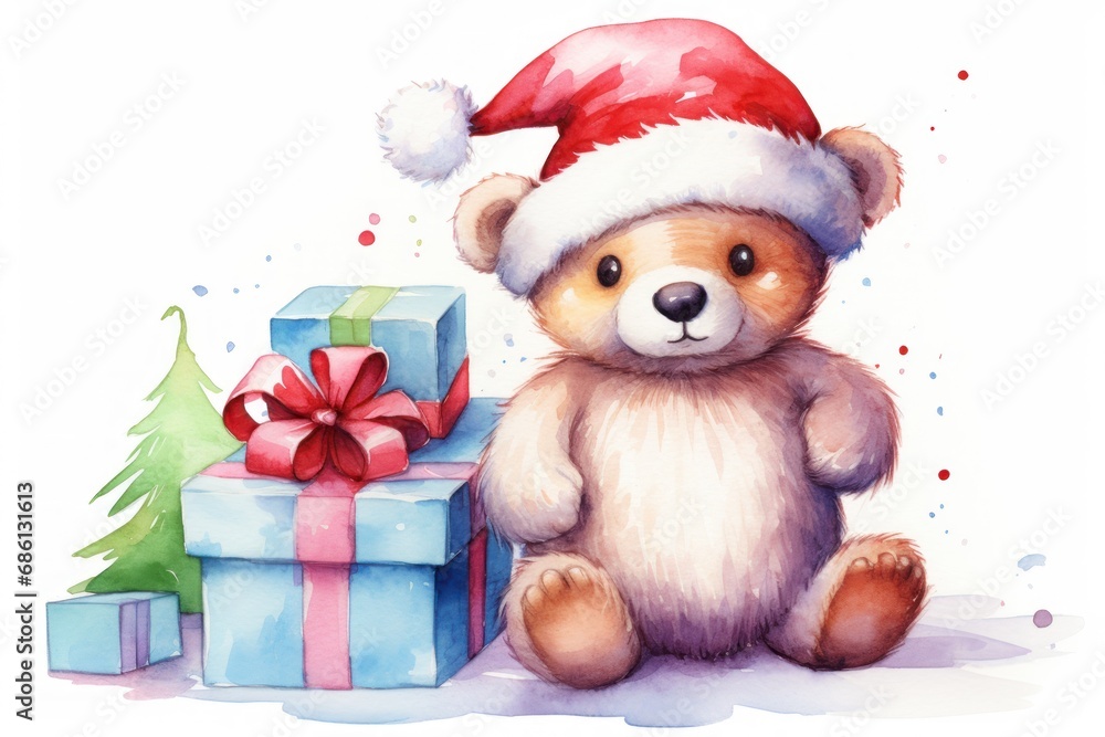  a watercolor painting of a teddy bear with a santa hat next to a gift box and a christmas tree.
