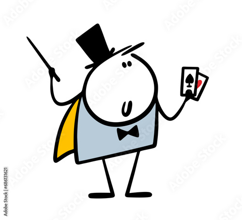 Magician stickman on stage in the theater shows an unusual trick with playing cards. Vector illustration of a man in a circus gives a performance with a magic wand.